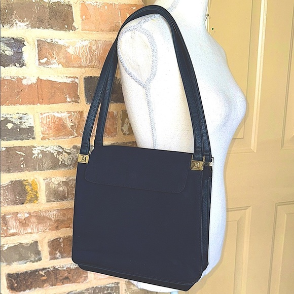 Mondani Navy Peau De Soie Fabric & Leather Structured Sections Bag Silver Accent - Picture 2 of 13